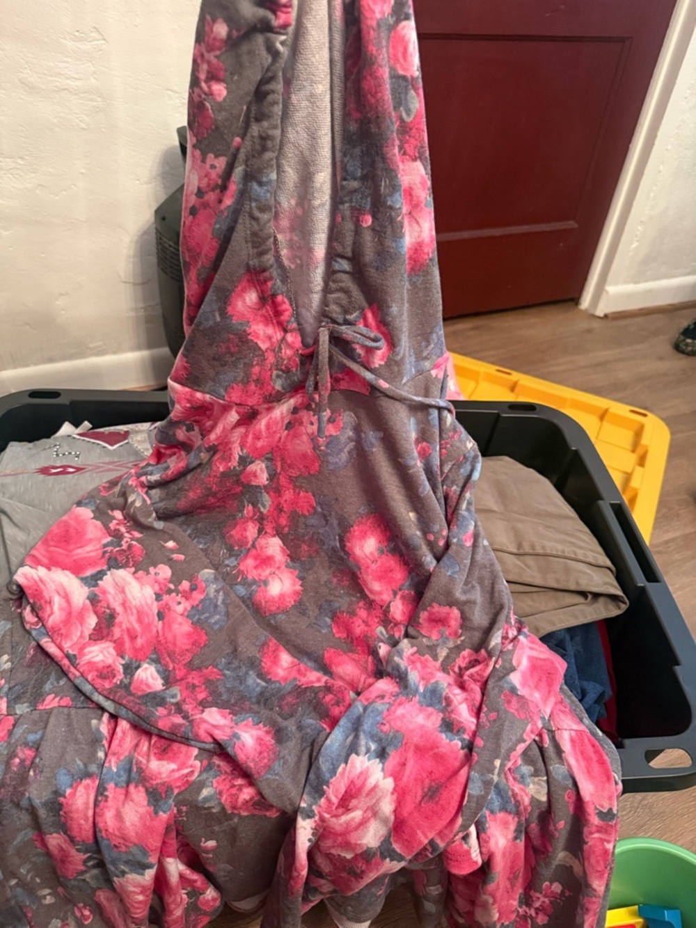 Floral Hooded Lounge Dress - Gray with Pink Rose Print